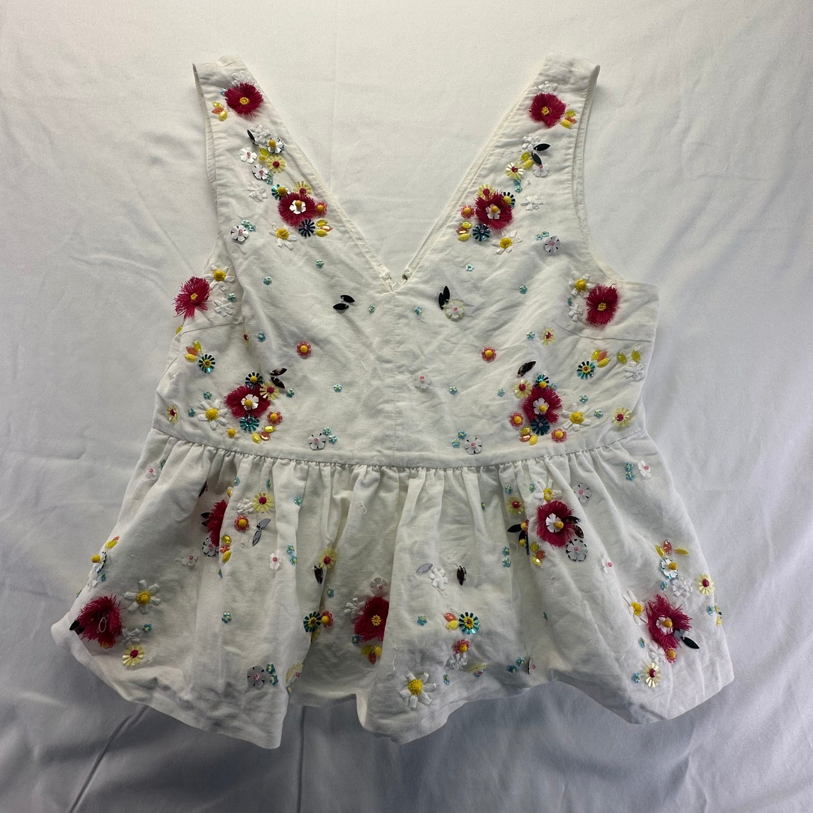 J.Crew Floral Embellished Peplum Tank Top 6 White Linen Blend Beaded V-Neck