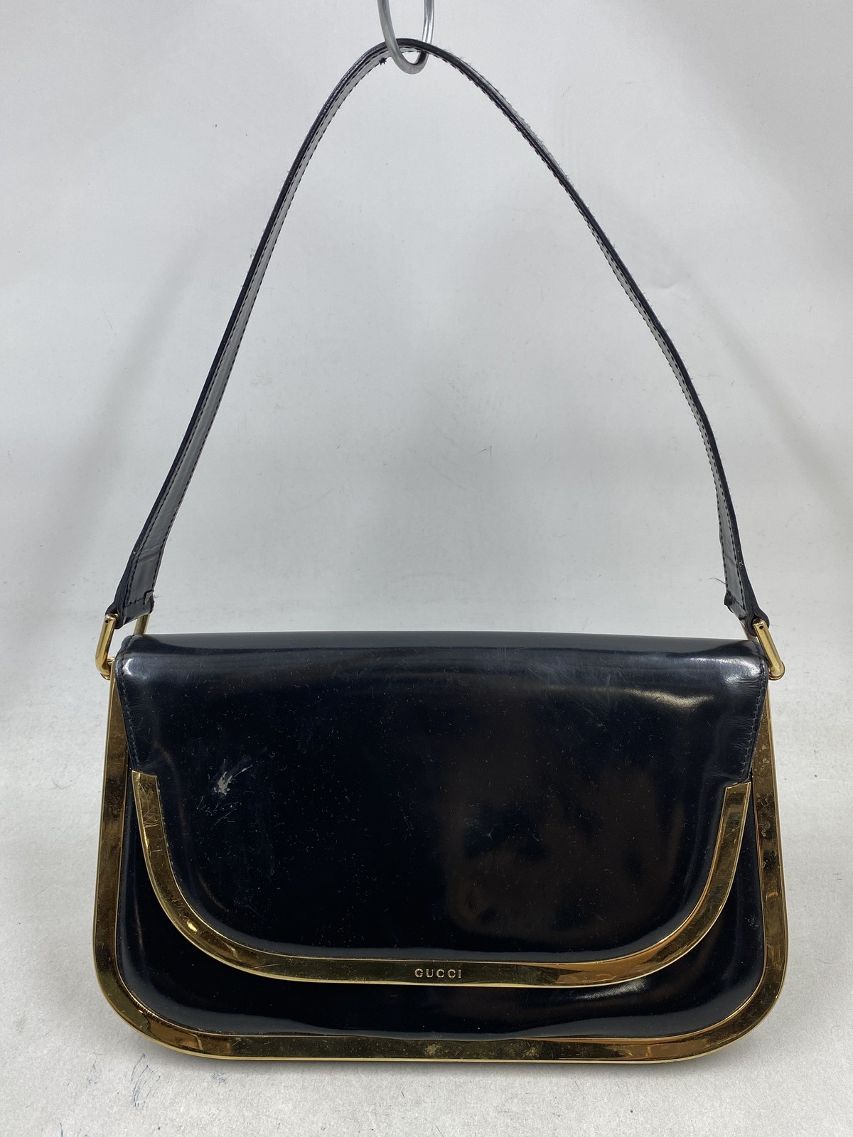 Vintage Gucci Black Leather Gold Frame Shoulder Bag Gold Tone Hardware
