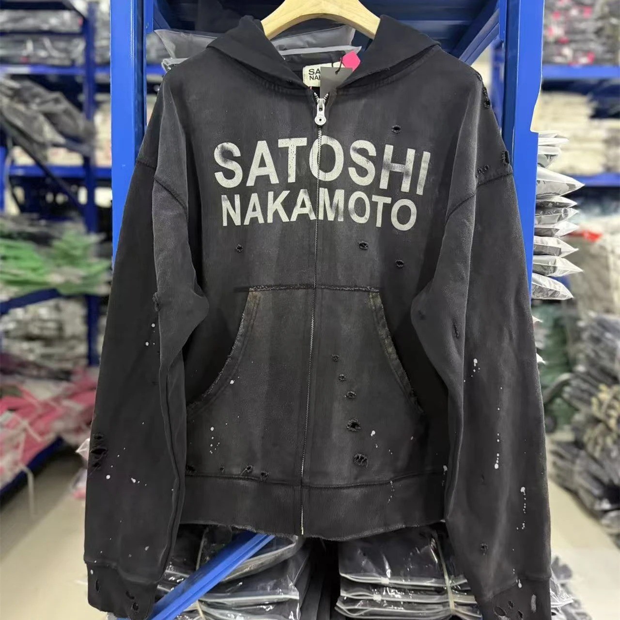 Satoshi Nakamoto Black Dark Washed Distressed Logo Mens Zipper Hoodie