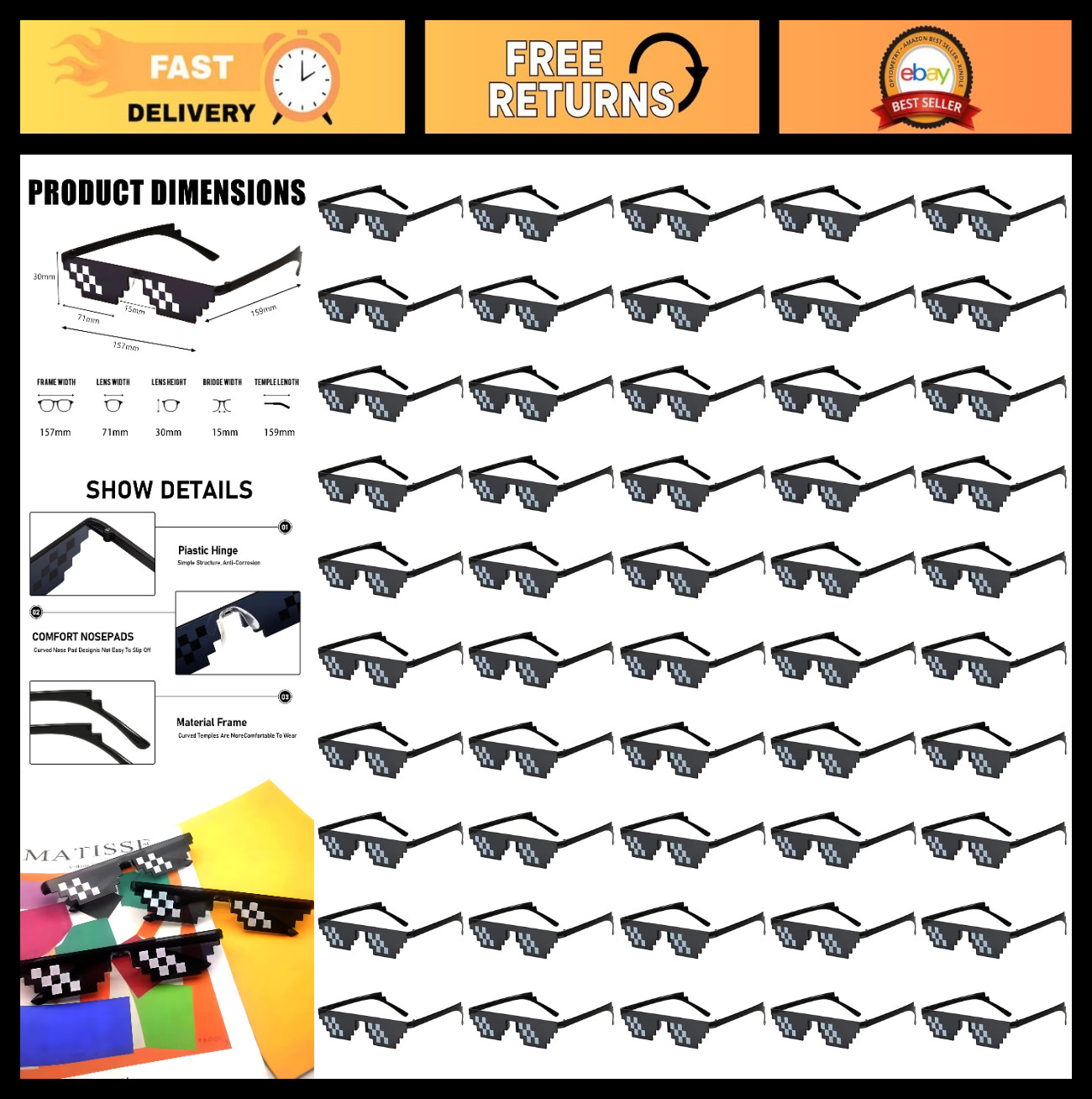 Bulk Thug Life Sunglasses 8 Bit Pixelated Mosaic Glasses for Party Props 50 pack