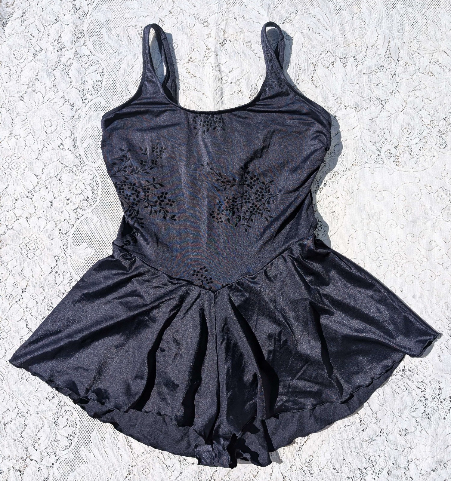 Vintage 80s 90s gothic black flocked floral teddy skirt one piece swim suit 13 M