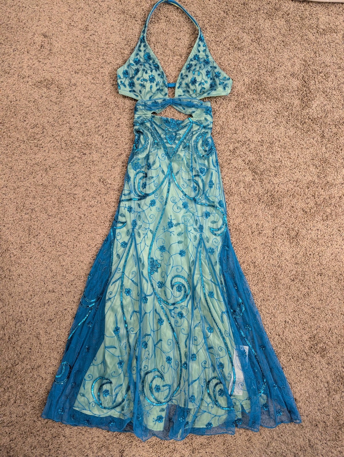 NWT Y2K Vintage CACHE Beaded Lace Teal Long Formal Halter Dress Size M- RARE