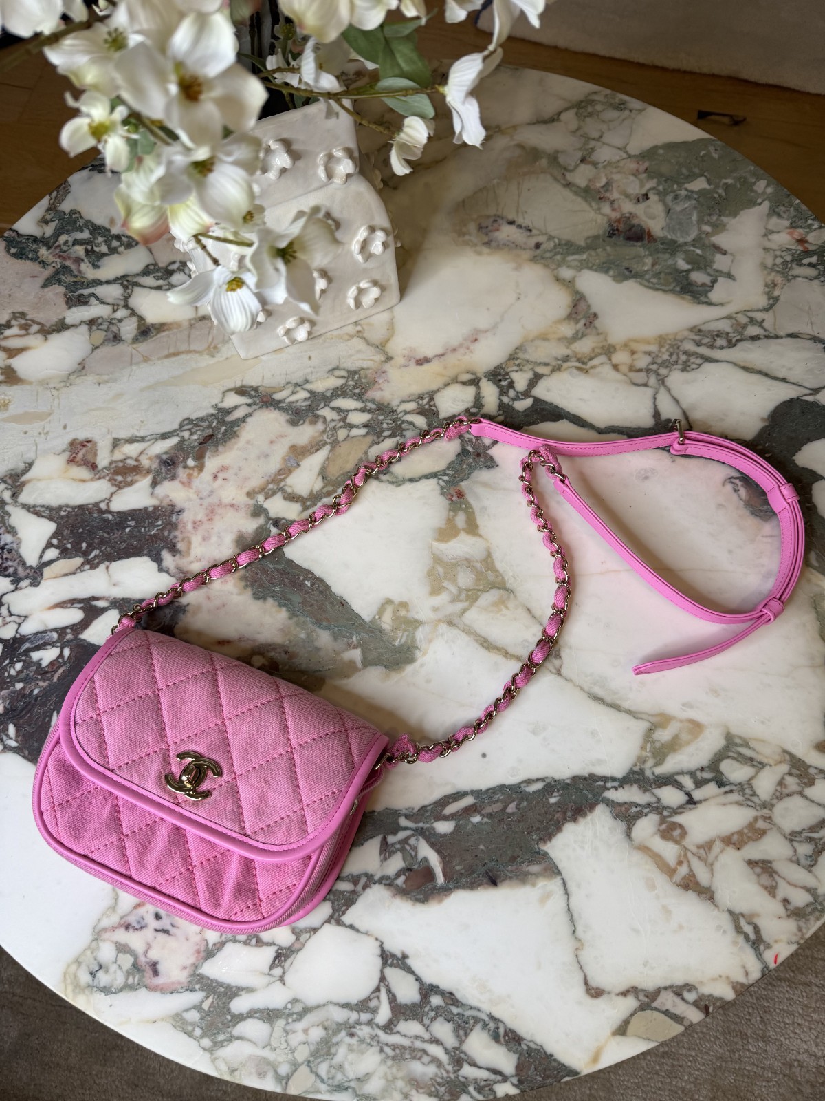 Authentic CHANEL 21S Neon Pink Quilted Denim Small Messenger Flap Crossbody Bag