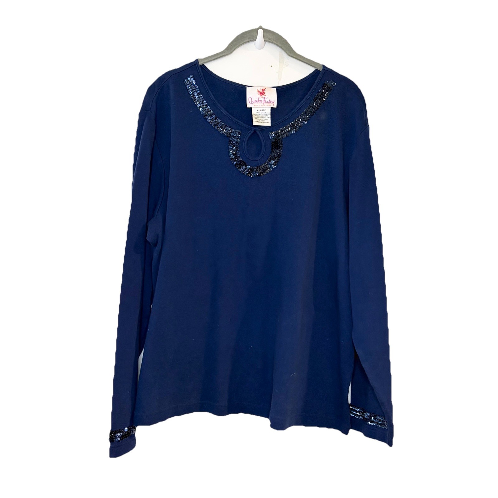 Vtg Quacker Factory XL Knit Top Shirt  Navy Blue Pullover Long Sleeves Sequins