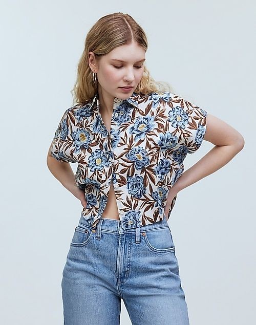 Madewell 100% Linen Button Down Short Sleeve Cropped Shirt Top Blouse Large