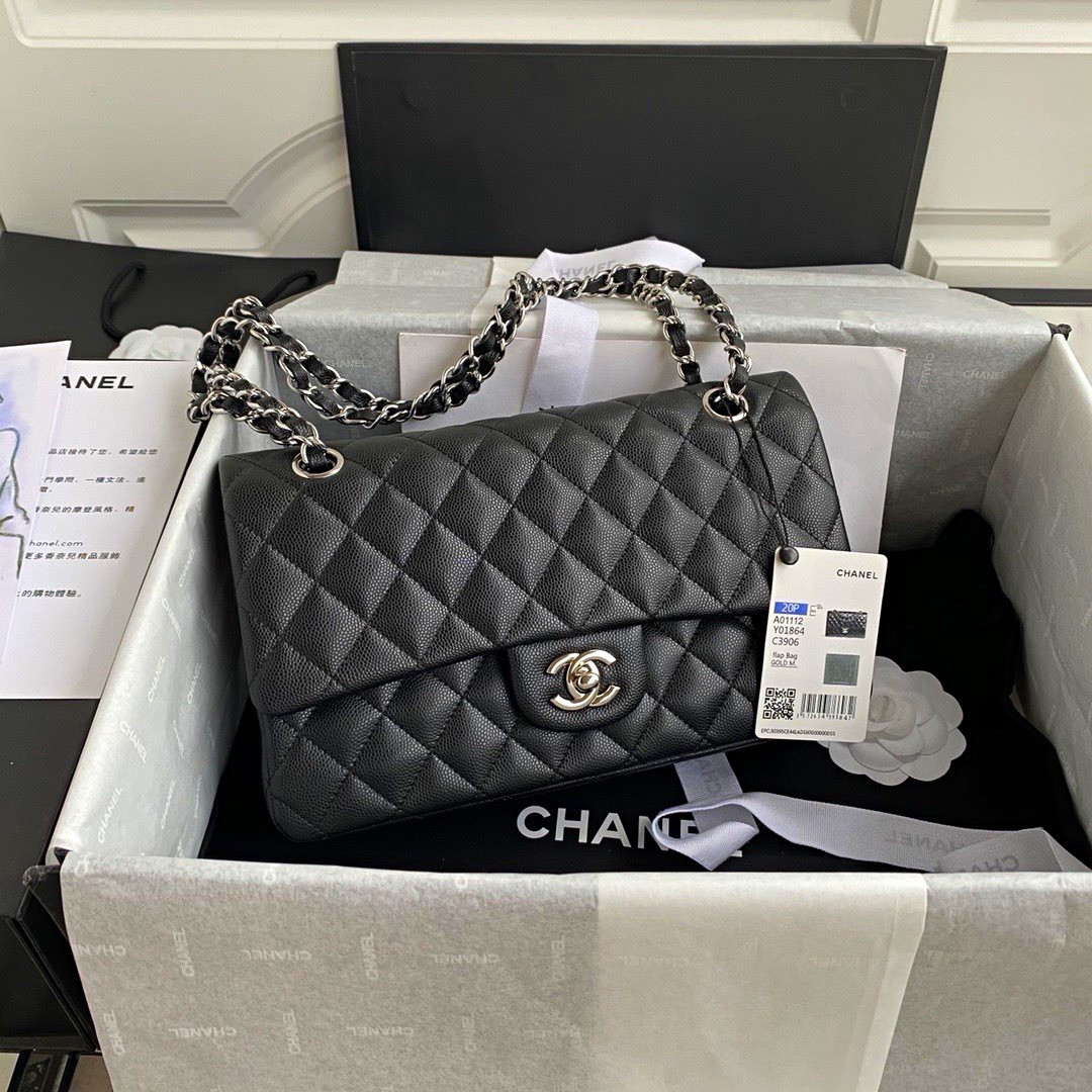 CHANEL Classic Flap Small Quilted Leather Bag Black CC Turn Lock Silver