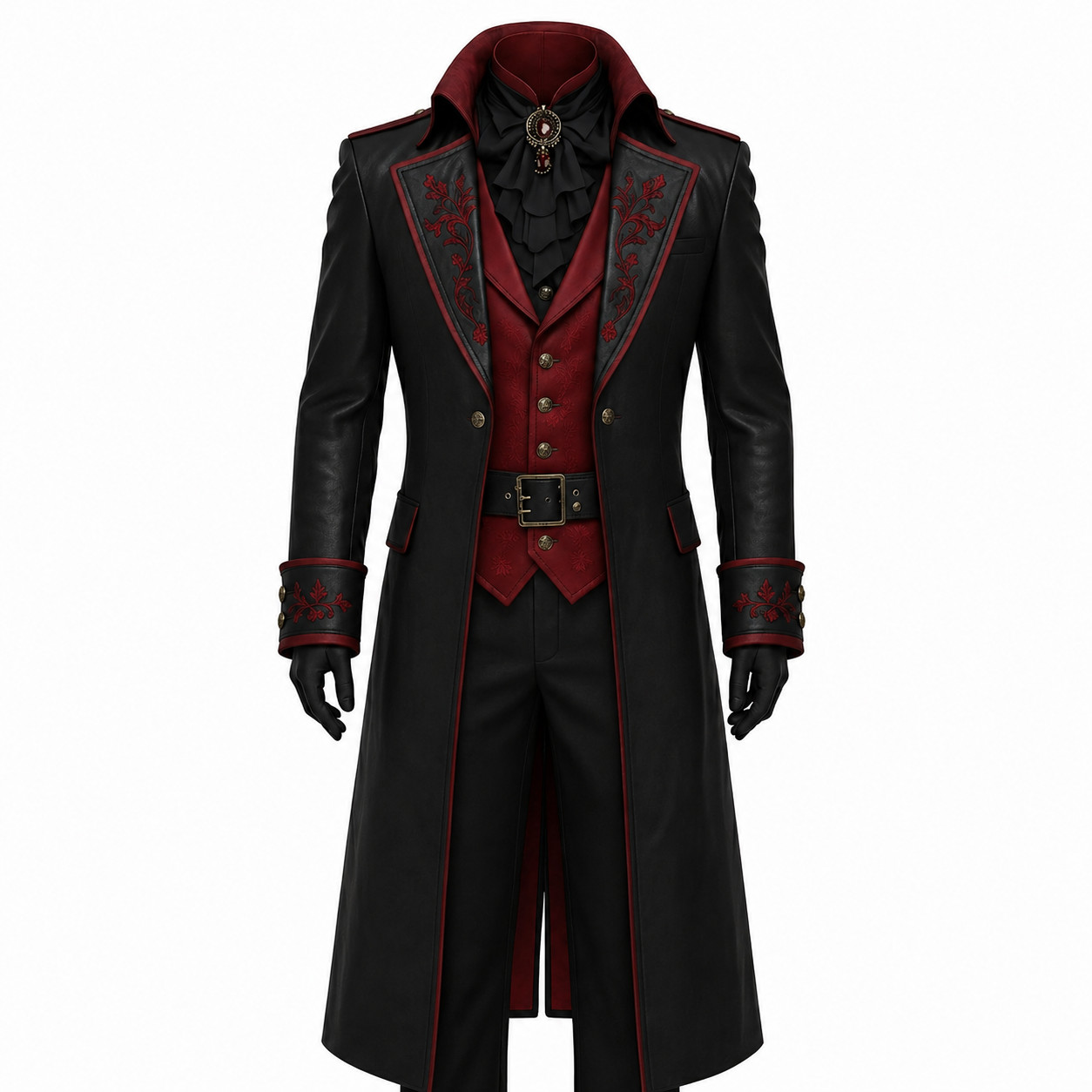 Men Victorian Gothic Vampire Leather Coat Red Embroidered Steampunk Trench Coat