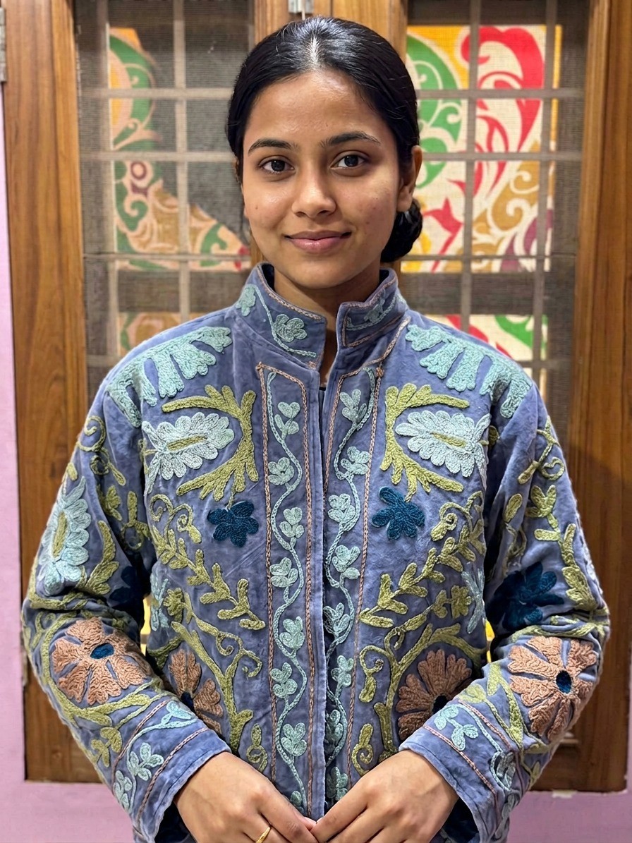 Vintage Suzani Embroidered Velvet Jacket Grey Floral Boho Kashmiri Coat Womens
