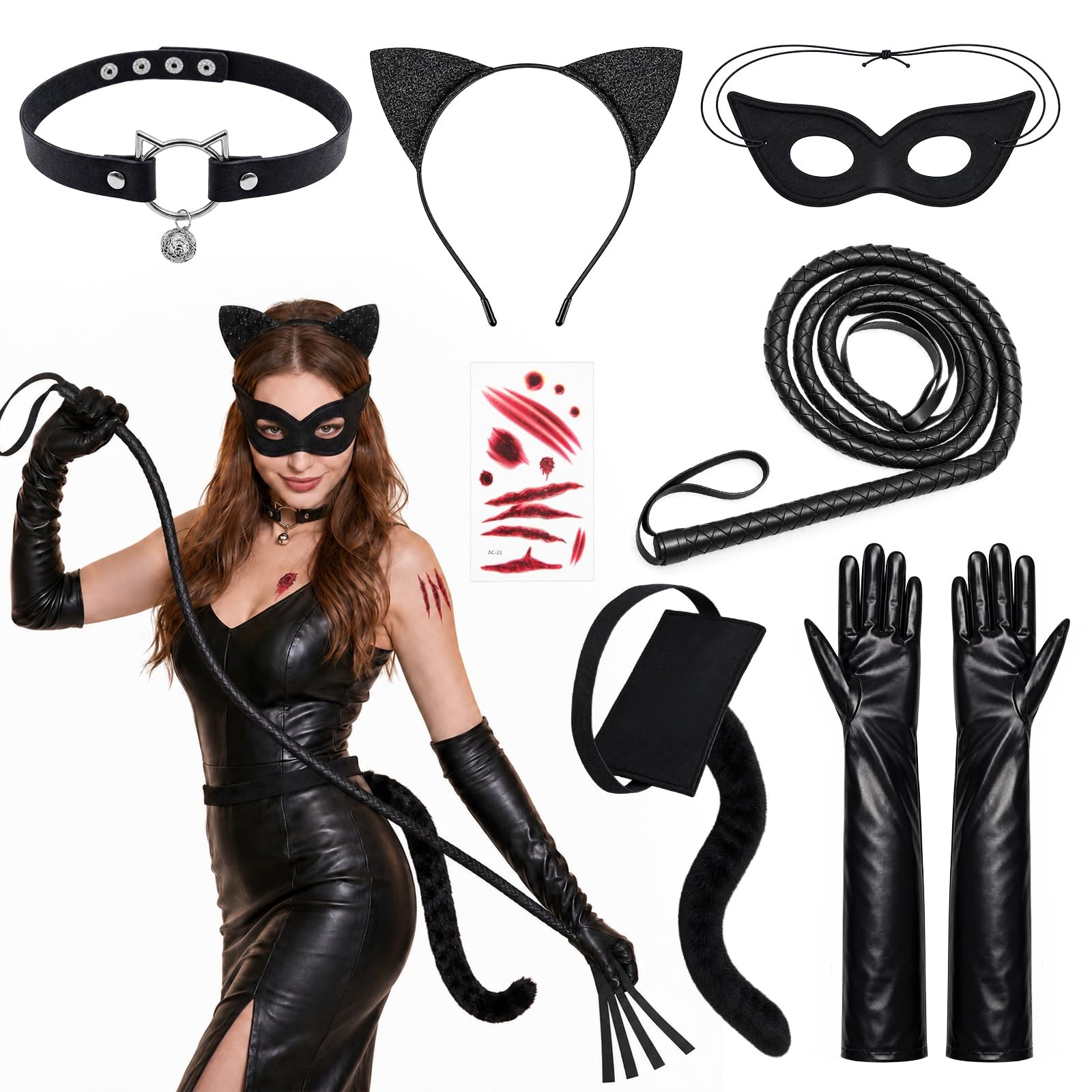 Yotako 7 PCS Halloween Cat Costume Accessories for Women, Black Cat Mask Ears an