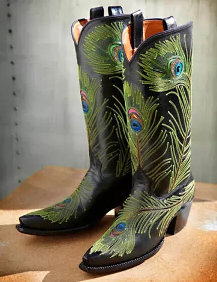 New Handmade Men Bespoke Cowboy Purdy Peacock Blk Black Western Dress Boots