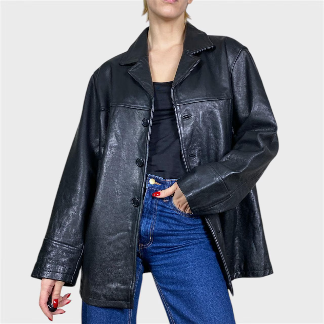 Vintage Black Leather Coat 90s Oversized Jacket Size US10/12