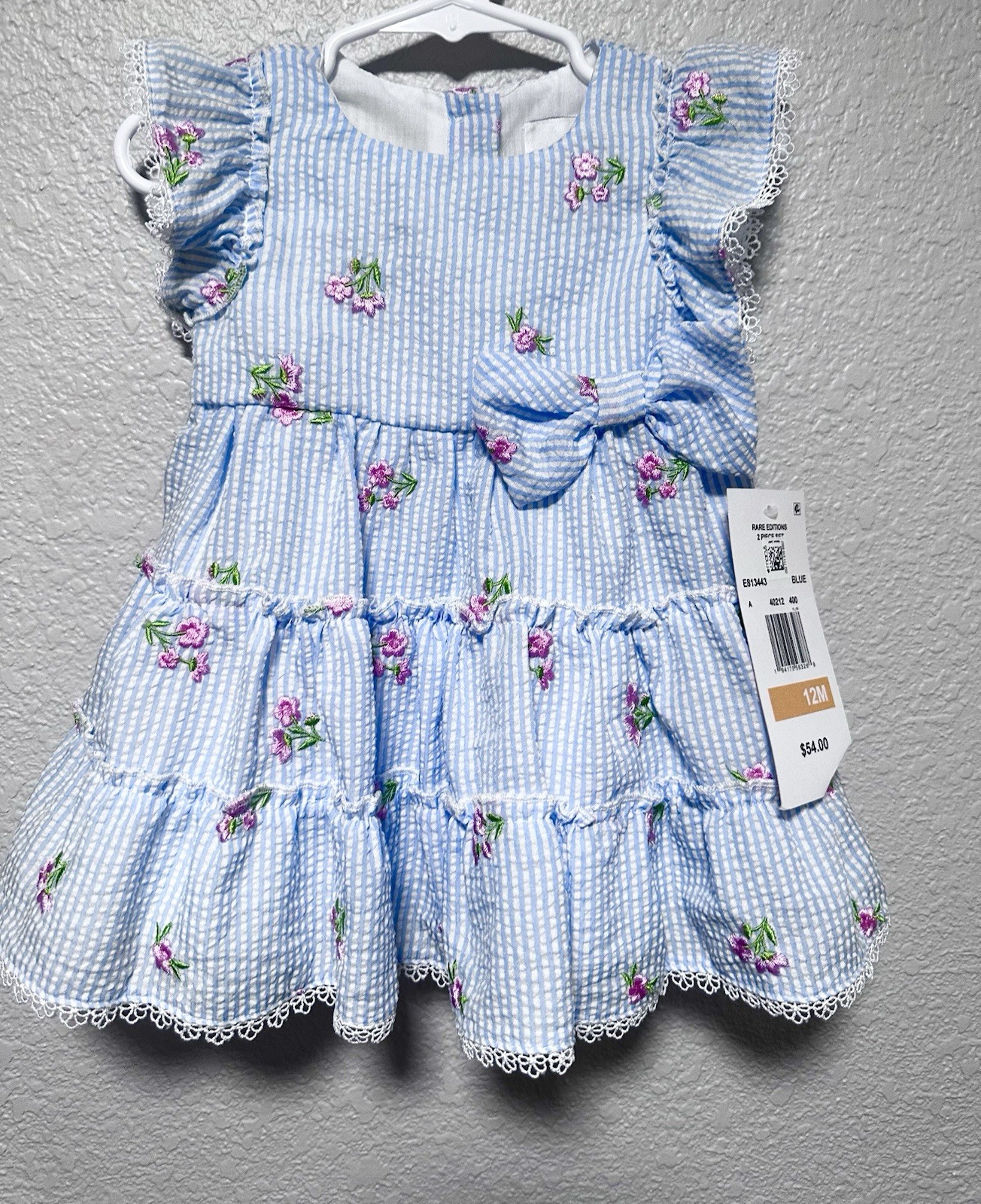 Rare Editions Toddler Girls Floral Dress Blue & White with Pink Flowers Size 12M