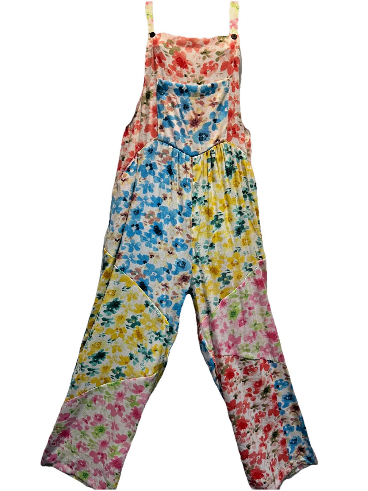 Nwt SACRED THREADS funky floral hippie rayon OVERALLS ROMPER JUMPSUIT JUMPER L