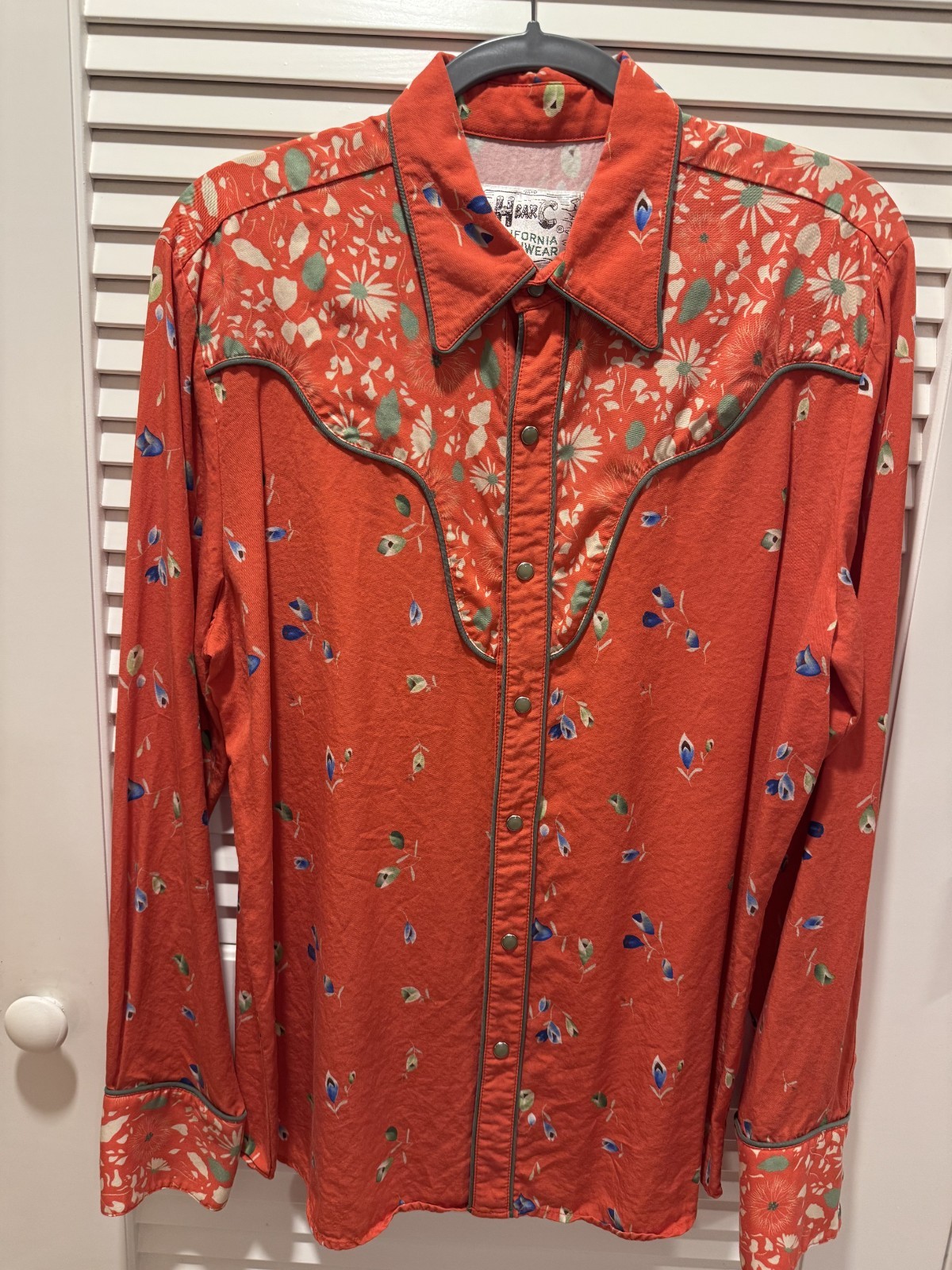 Vintage 70s H Bar C California Ranchwear Midlands Western Shirt Red Floral L