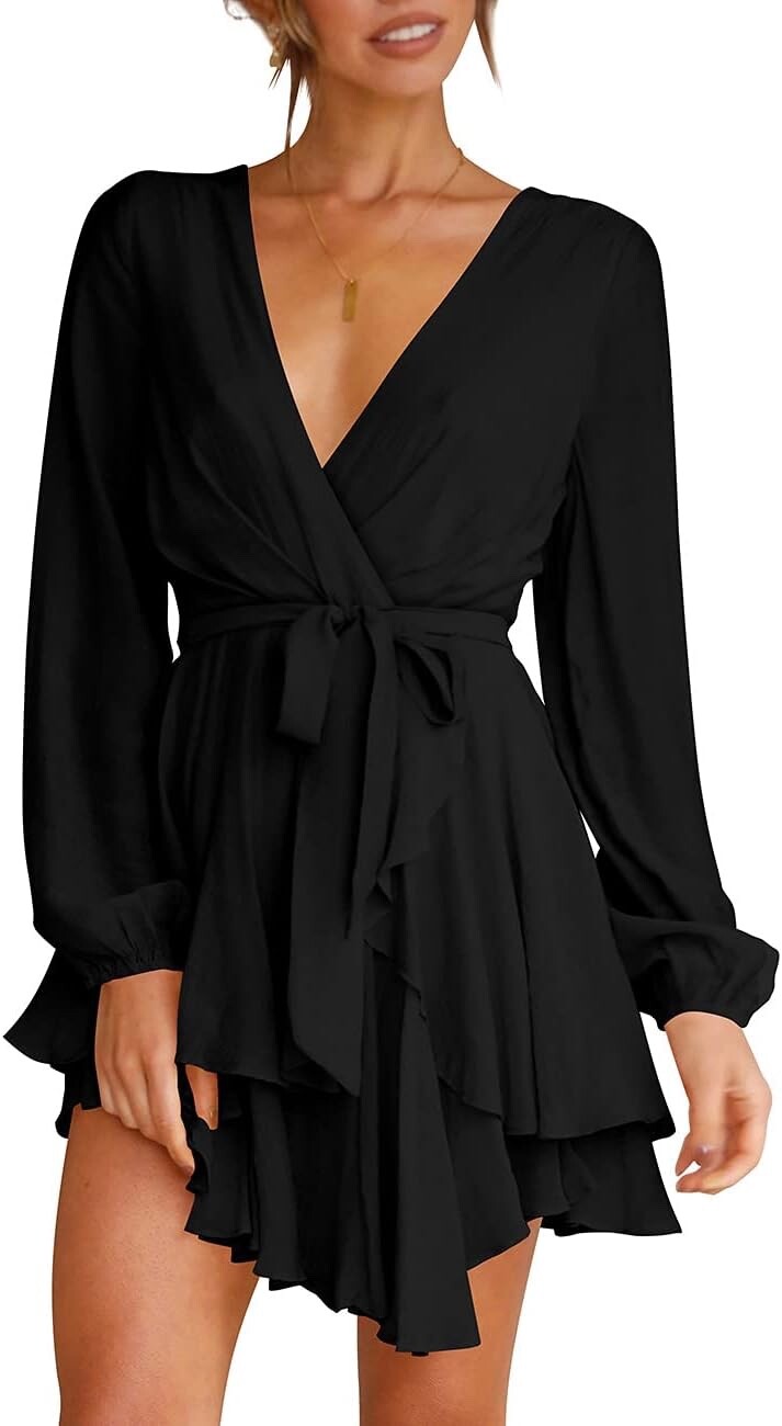 Womens Mini Dress, Deep V-Neck Long Sleeve Waist Tie Ruffle Mini Black Dress