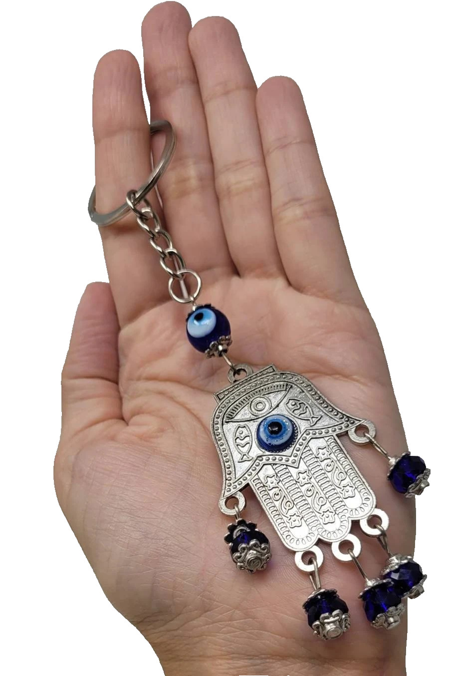 Hamsa Hand of Fatima Keychain Blue Evil Eye Good Luck Jewish Protection Silver