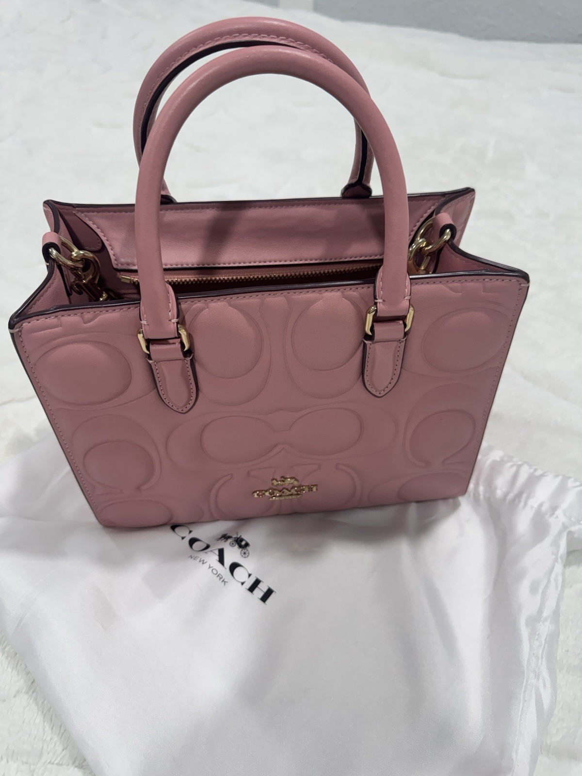 Coach Pink Embossed Logo Leather Top Handle Satchel Handbag Gold Zip