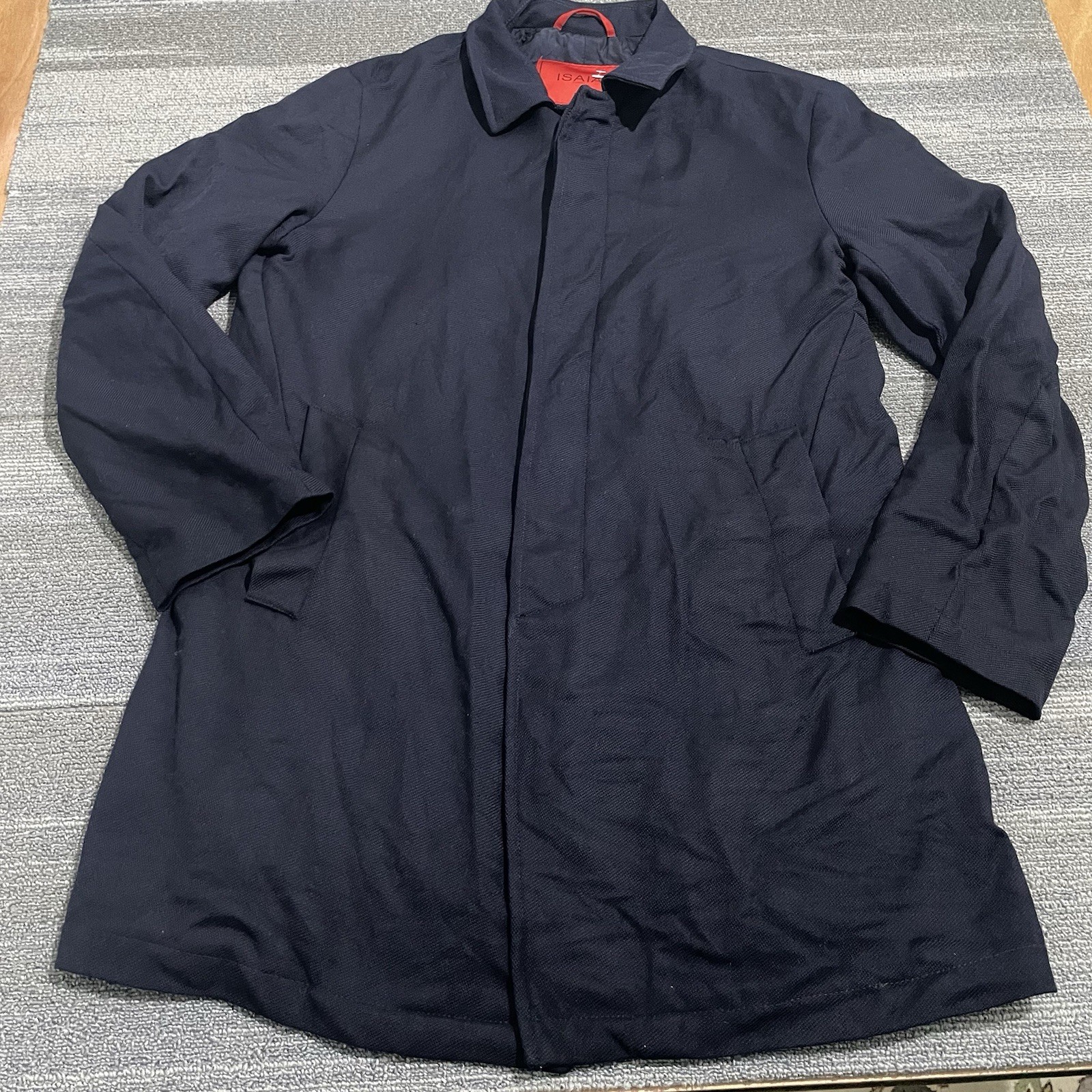 Isaia Napoli Jacket Mens 50 Blue Navy San Gennaro Wool Trench Overcoat Italy*