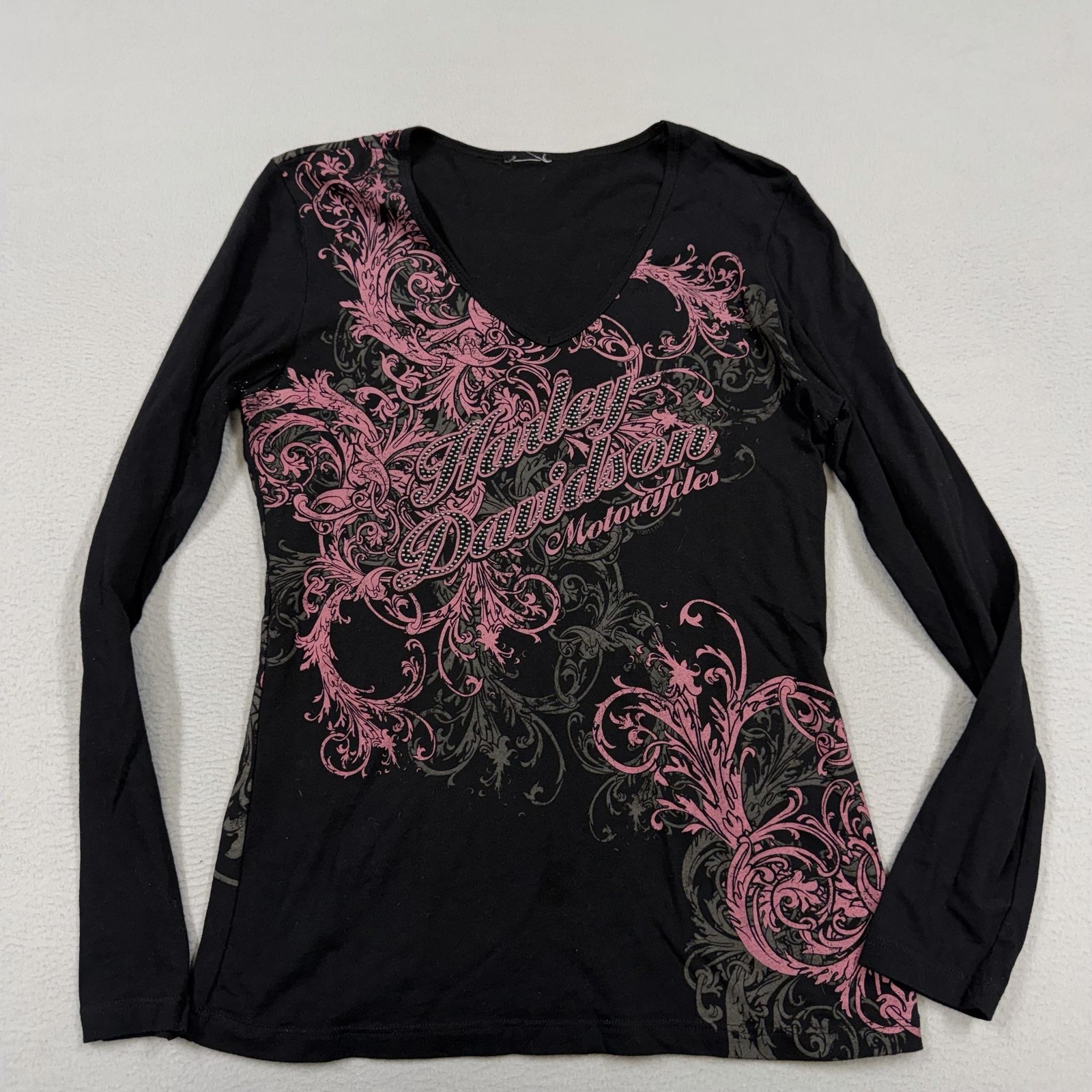 Harley-Davidson Shirt Womens S Black Pink Rhinestone Long Sleeve Las Vegas Biker