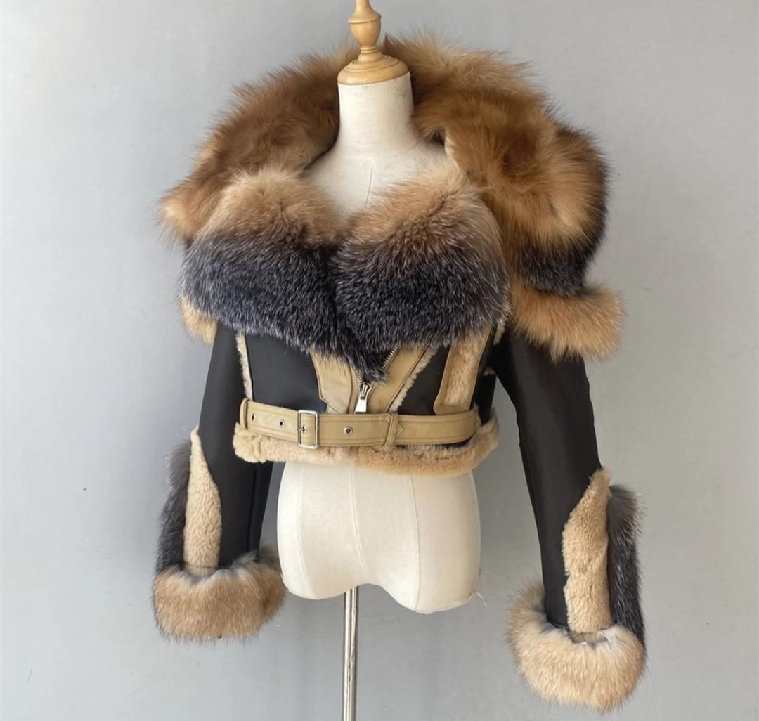 Luxury Women\'s Leather Cropped Jacket Real Fur Trimmed Biker Shearling Coat