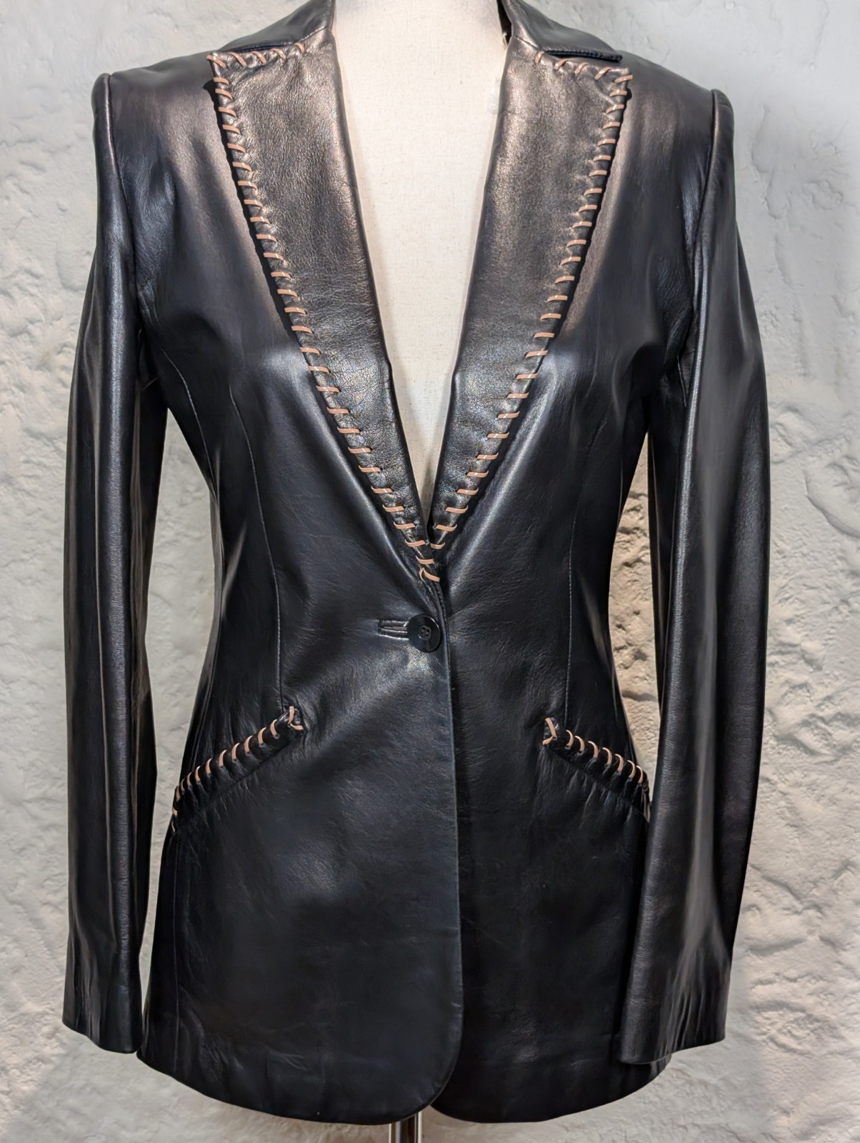 Vintage 1990\'s Lane Davis Beverly Hills Top Grain Leather Blazer Sz 4 Black $575