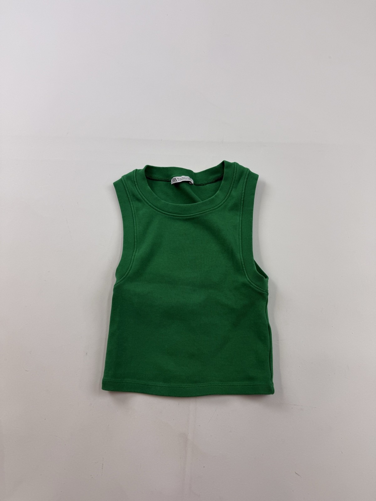 Zara Tank Top Womens S Green Crew Neck Sleeveless Ribbed Cropped Basic Jersey