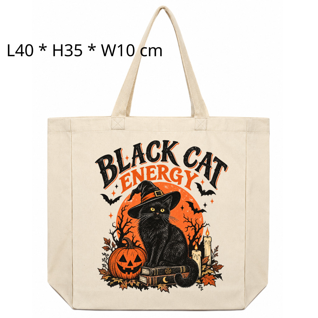 Vintage Black Cat Energy Canvas Tote Bag Spooky Witch Pumpkin Fall Book Bag Gift