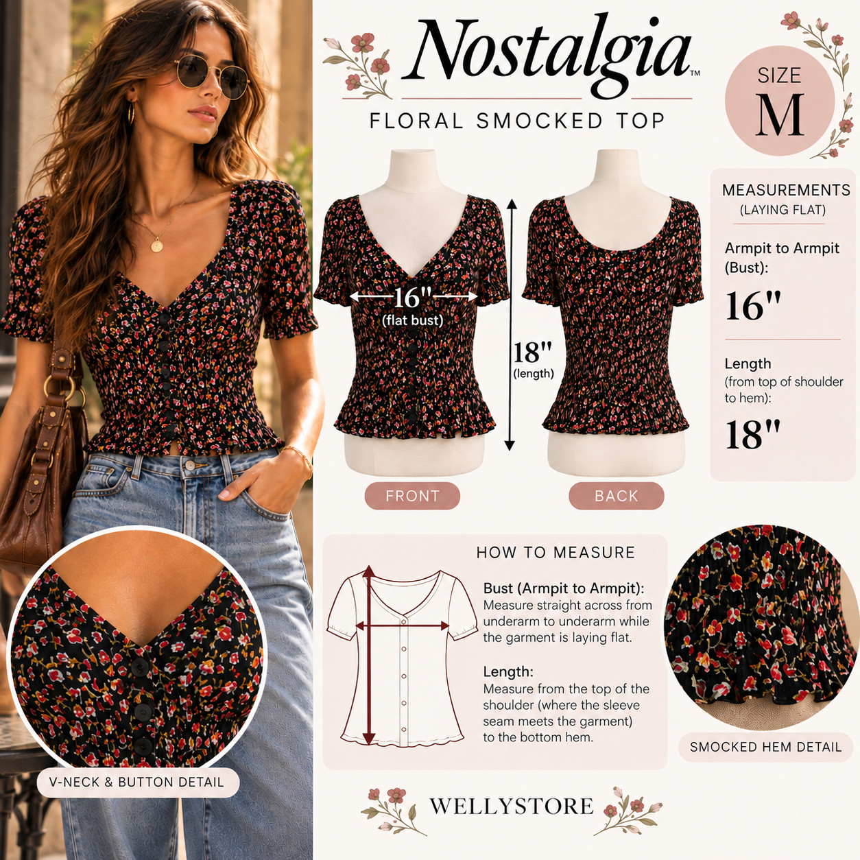 NWT Vintage 1990\'s Nostalgia Floral Smocked Crop Top M Rayon Fairy Grunge