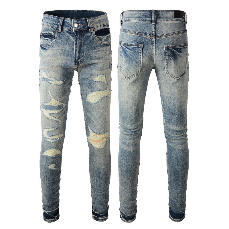 NWT Men\'s Distressed Light Blue Washed Skinny Jeans Knee Rips Luxury Designer