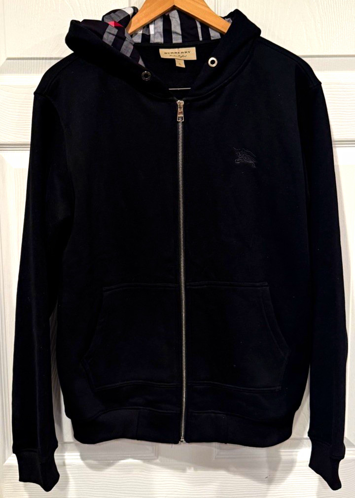Burberry Men’s XL Regular Black Full Zip Hoodie Hooded Logo Pockets