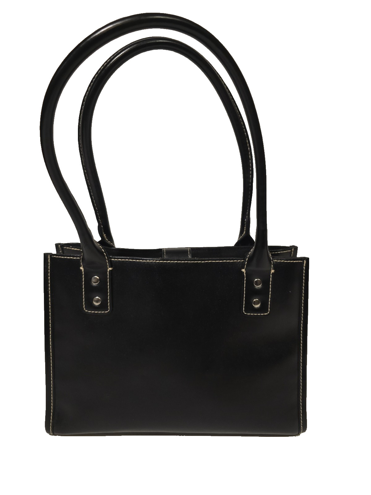 Wilsons Leather Satchel Shoulder Bag Structured Black Purse Tan Stitching