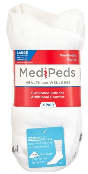MediPeds Adult Men\'s NanoGLIDE® White Quarter Cushion Socks, Large, 4 pairs