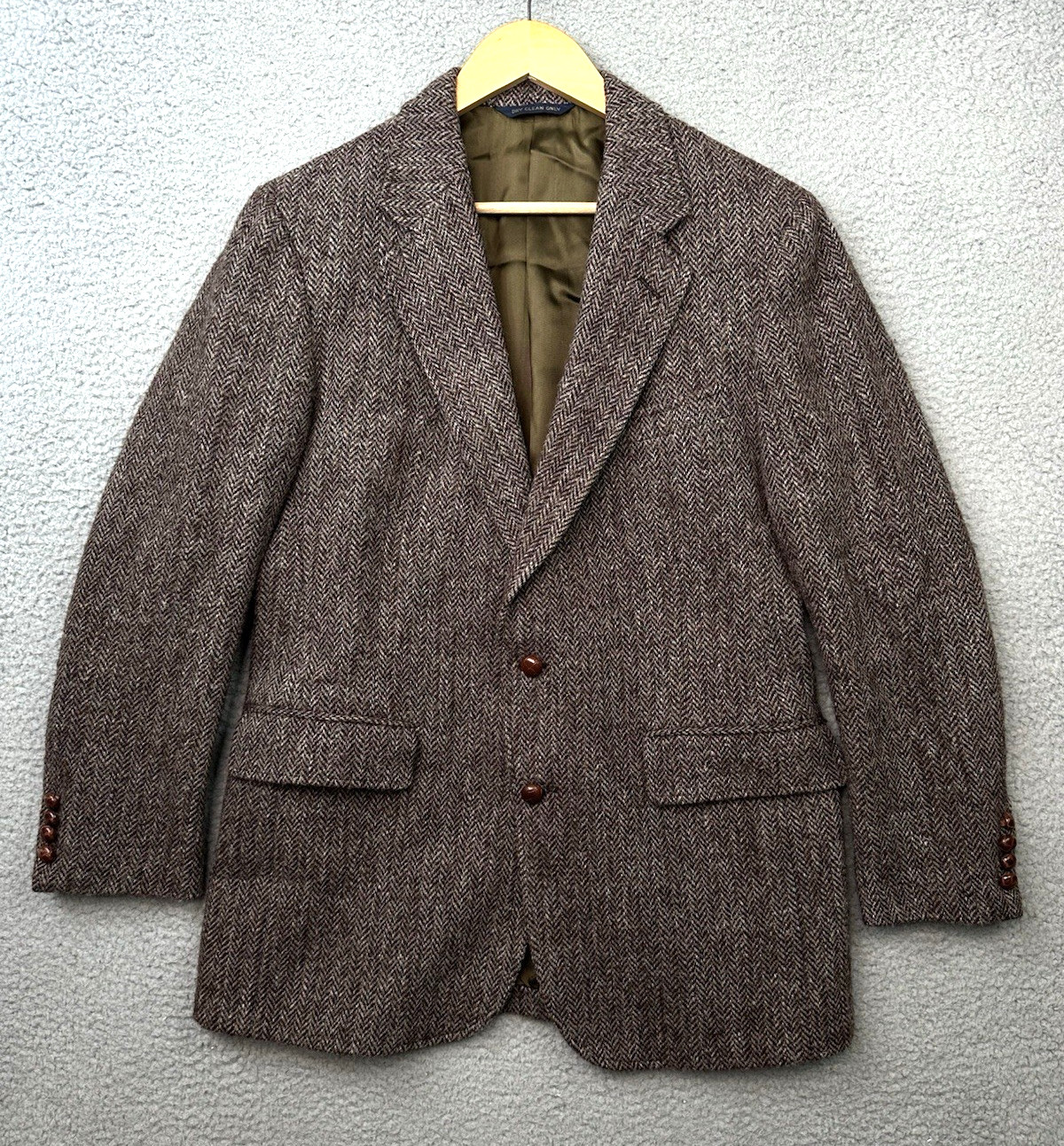 VTG Harris Tweed Jacket 100% Pure Scottish Wool Brown Herringbone Blazer 36