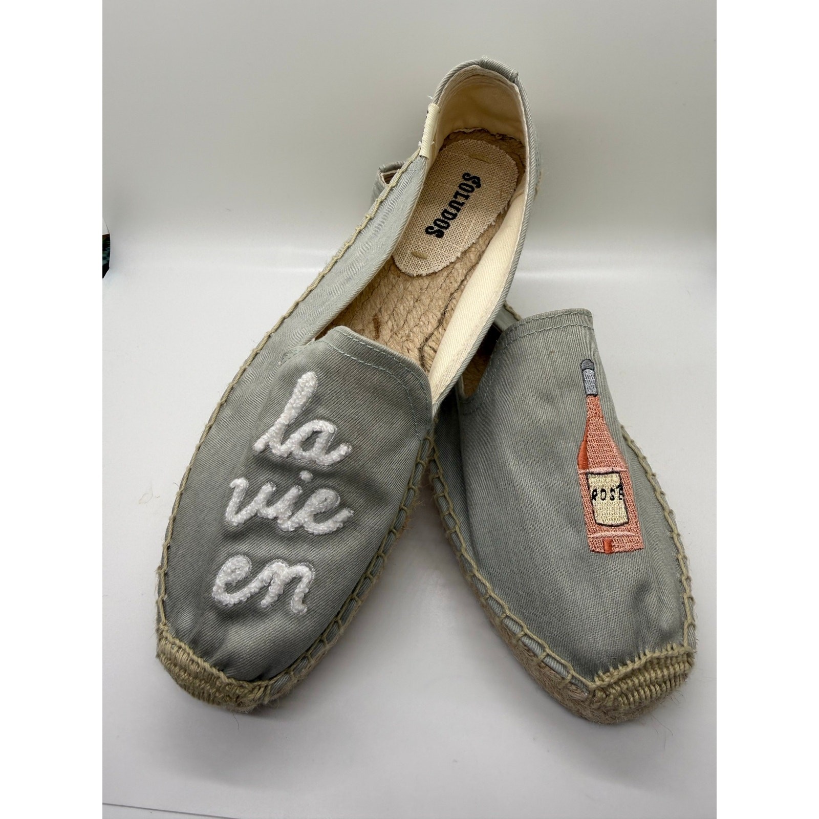 Soludos La Vie En Rosé Embroidered Espadrille Flats Blue Canvas Slip-On Shoes