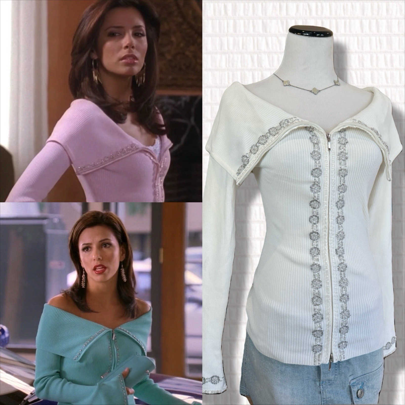 Rare Y2K Cache Ivory Rhinestone Zip Top M Gabrielle Solis Desperate Housewives