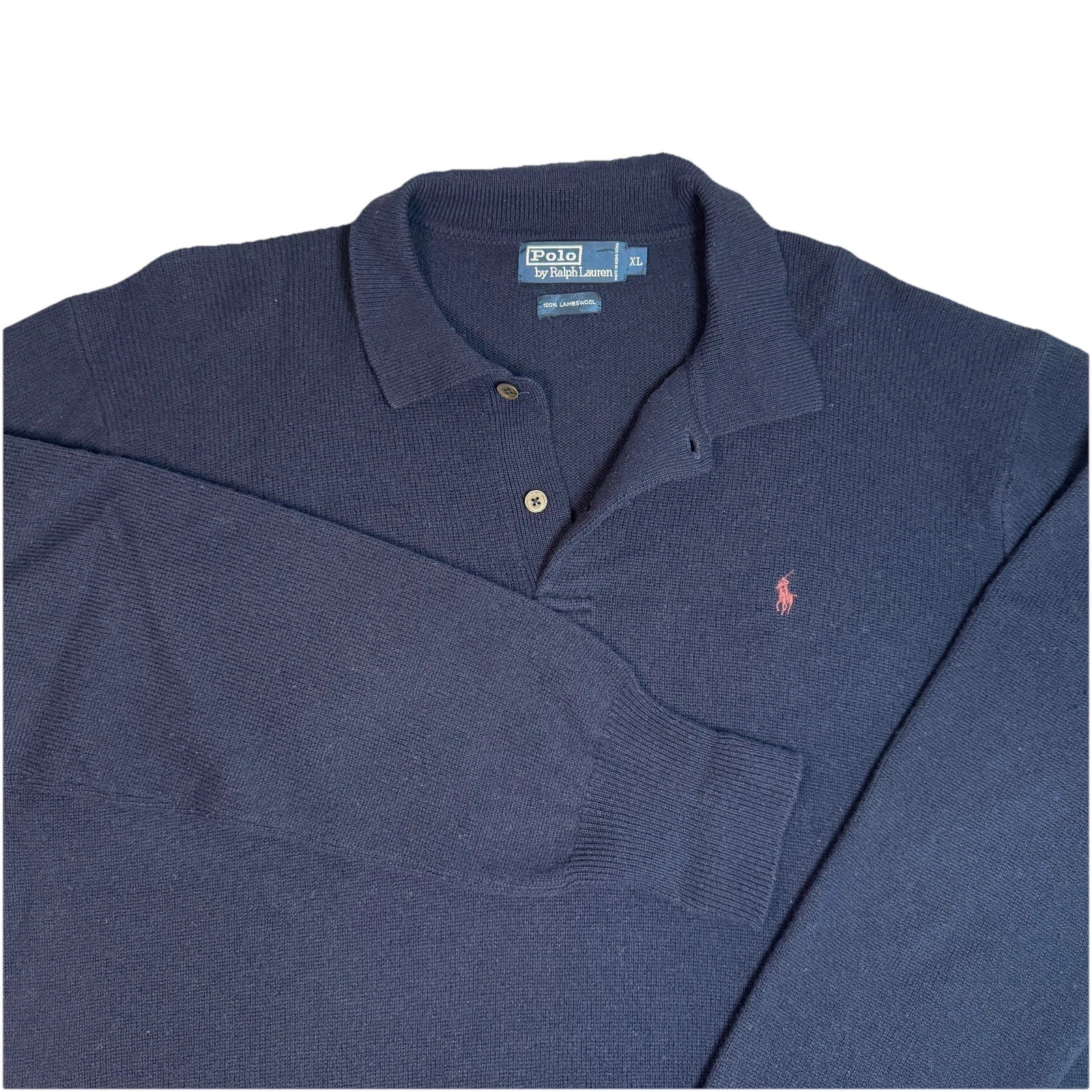Polo Ralph Lauren Sweater Mens XL Vintage Navy Lambswool Knit Collared Pink Pony