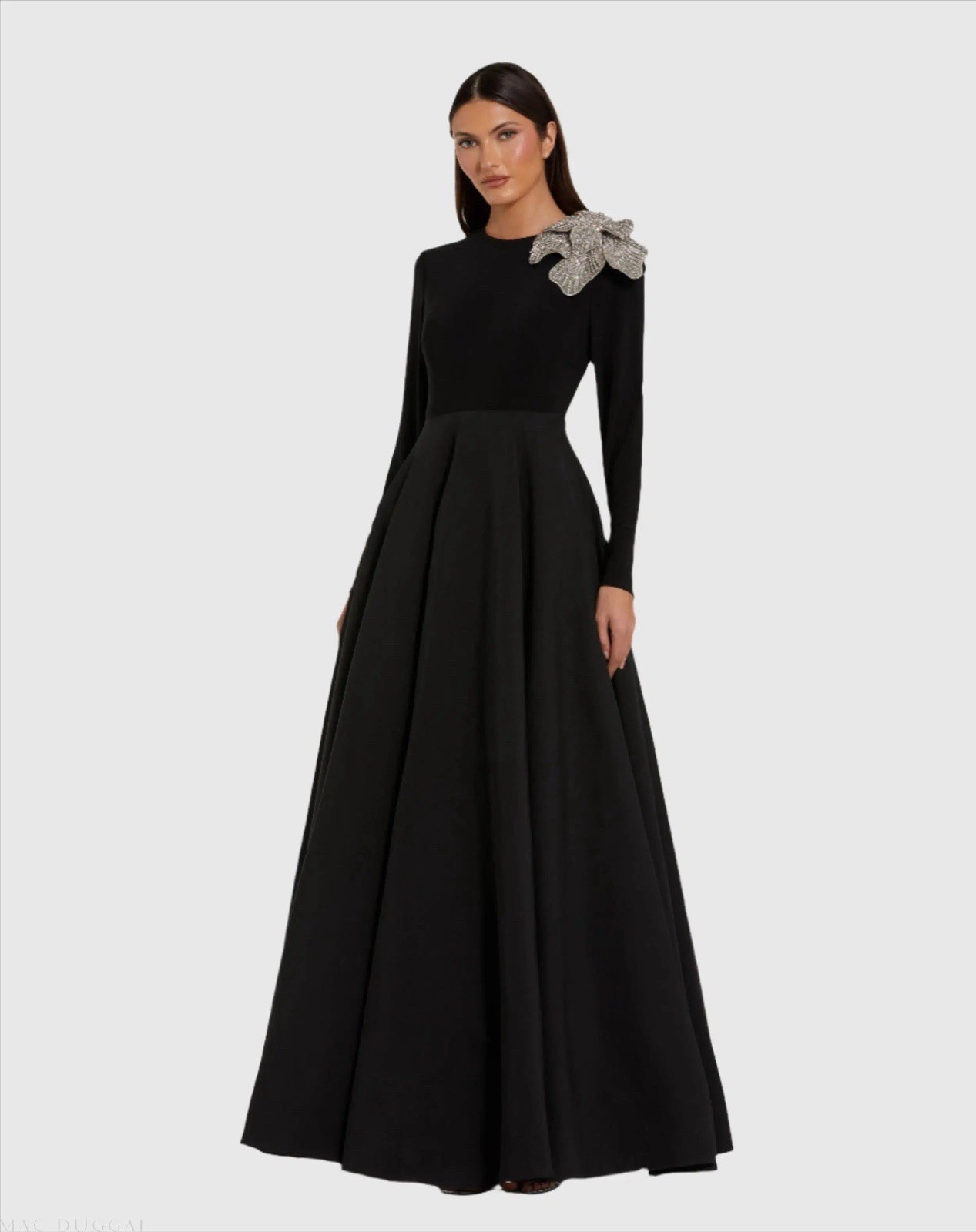 NWT MAC DUGGAL 11832 Long Sleeve Taffeta 3D Flower Ball Gown Long Black Size 16