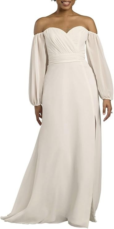 NEW David\'s Bridal Off-The-Shoulder Billow Sleeve Wedding Dress 6