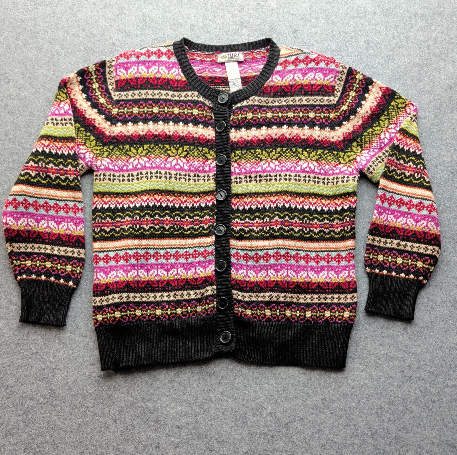 VTG Tiara International Women\'s Medium Fair Isle Knit Button Up Cardigan EUC