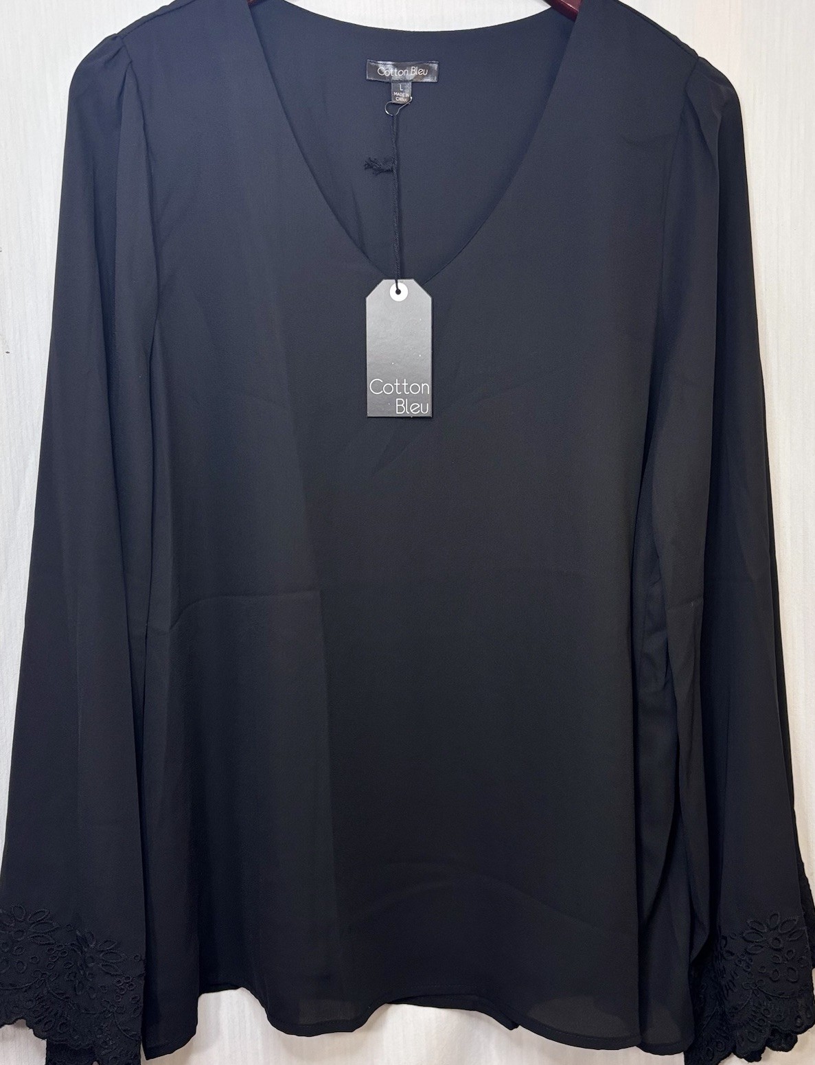 Cotton Bleu Black Blouse L NWT Lace Bell Sleeve V Neck Lined Boho Top
