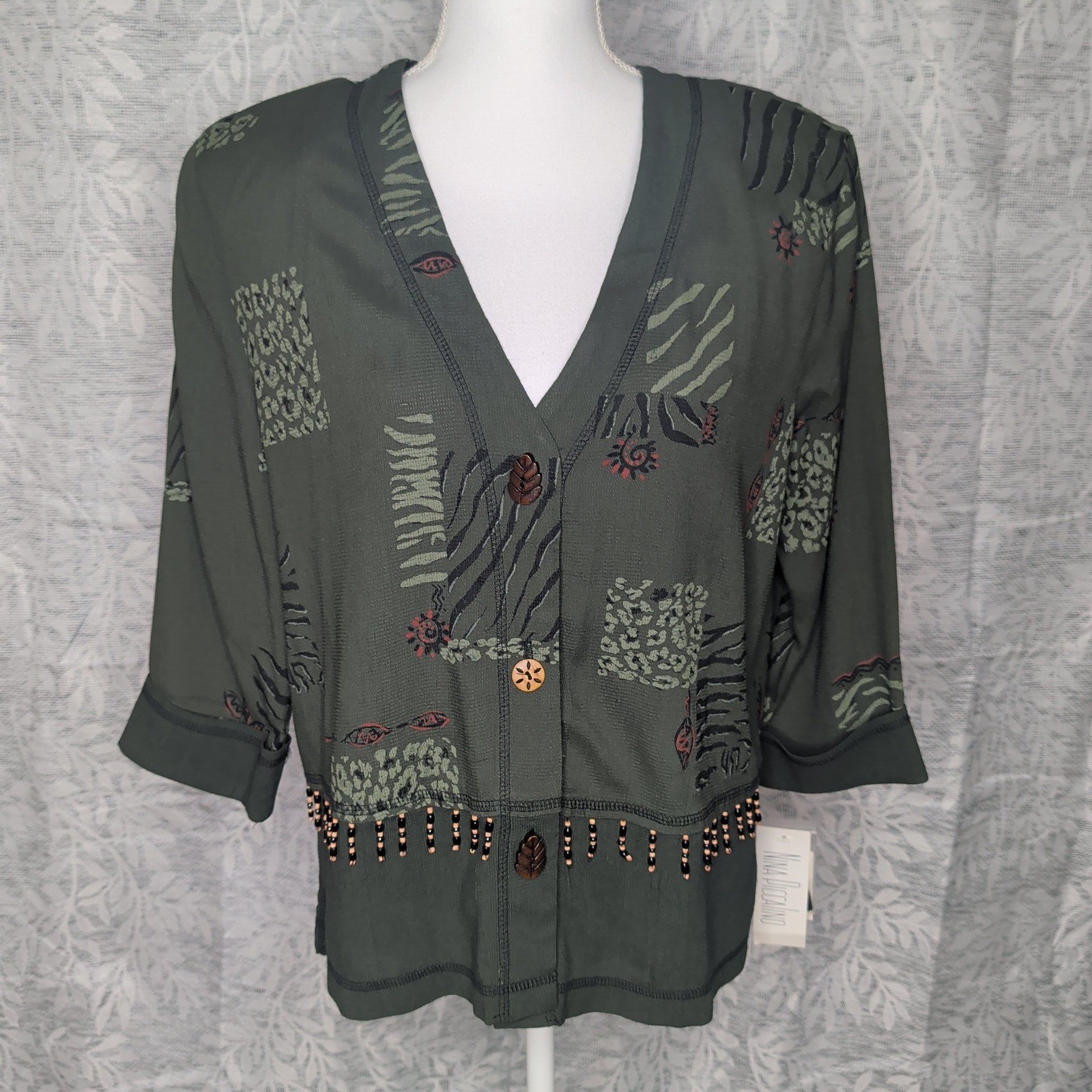 Vintage Nina Piccalino Olive Green Animal Print Beaded Fringe Jacket Size 10