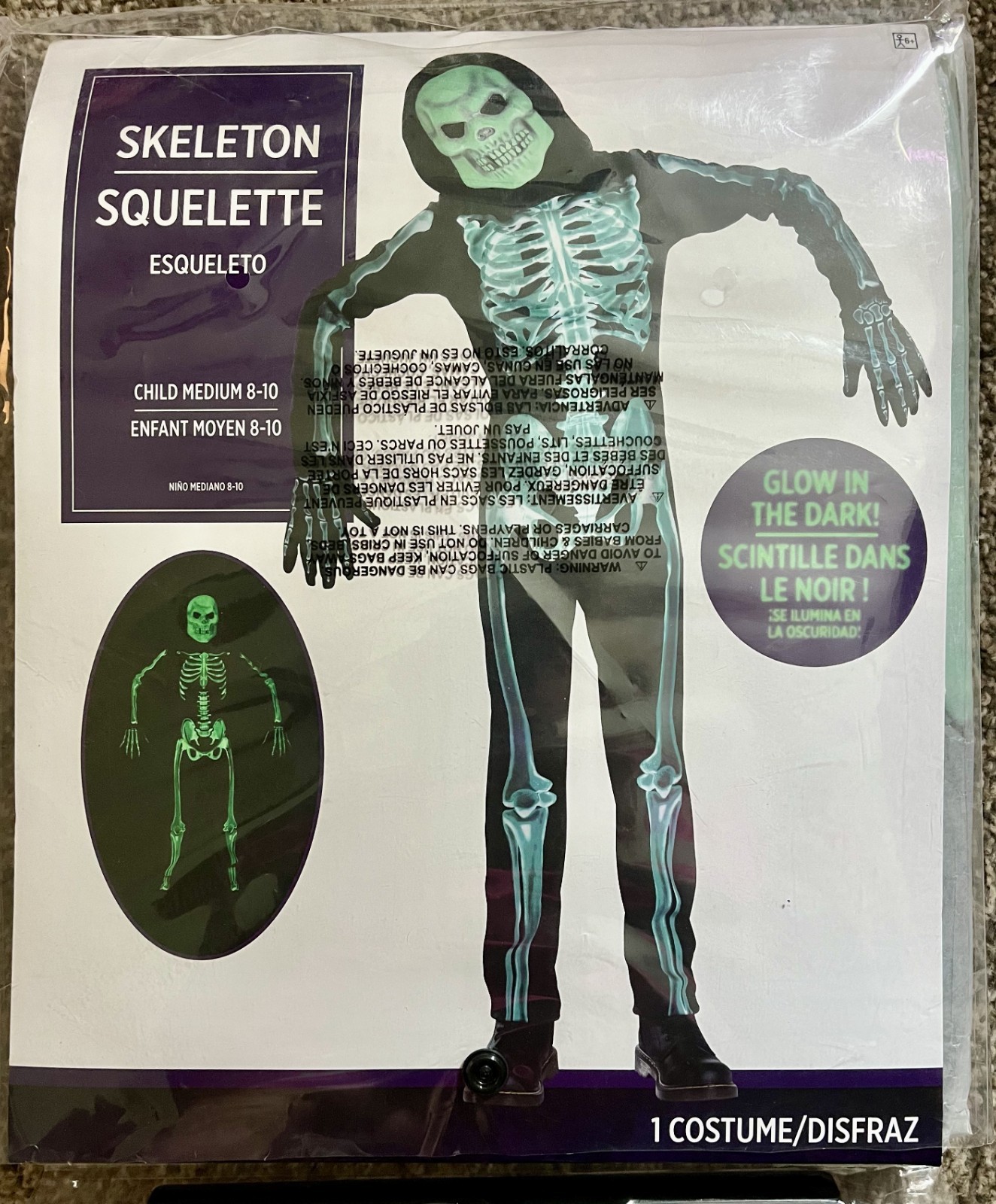 Halloween Childs Size MEDIUM 8-10 Skeleton Costume - NWT Glow in the Dark 4 Pc