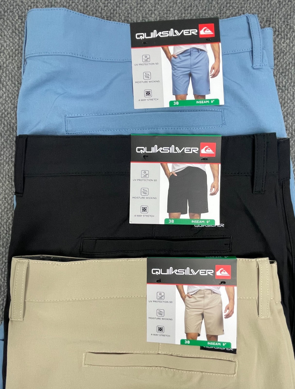 Quiksilver Men\'s Lot of 3 Hybrid Short UPF 50+ Blue, Black & Tan Pick Size NWT