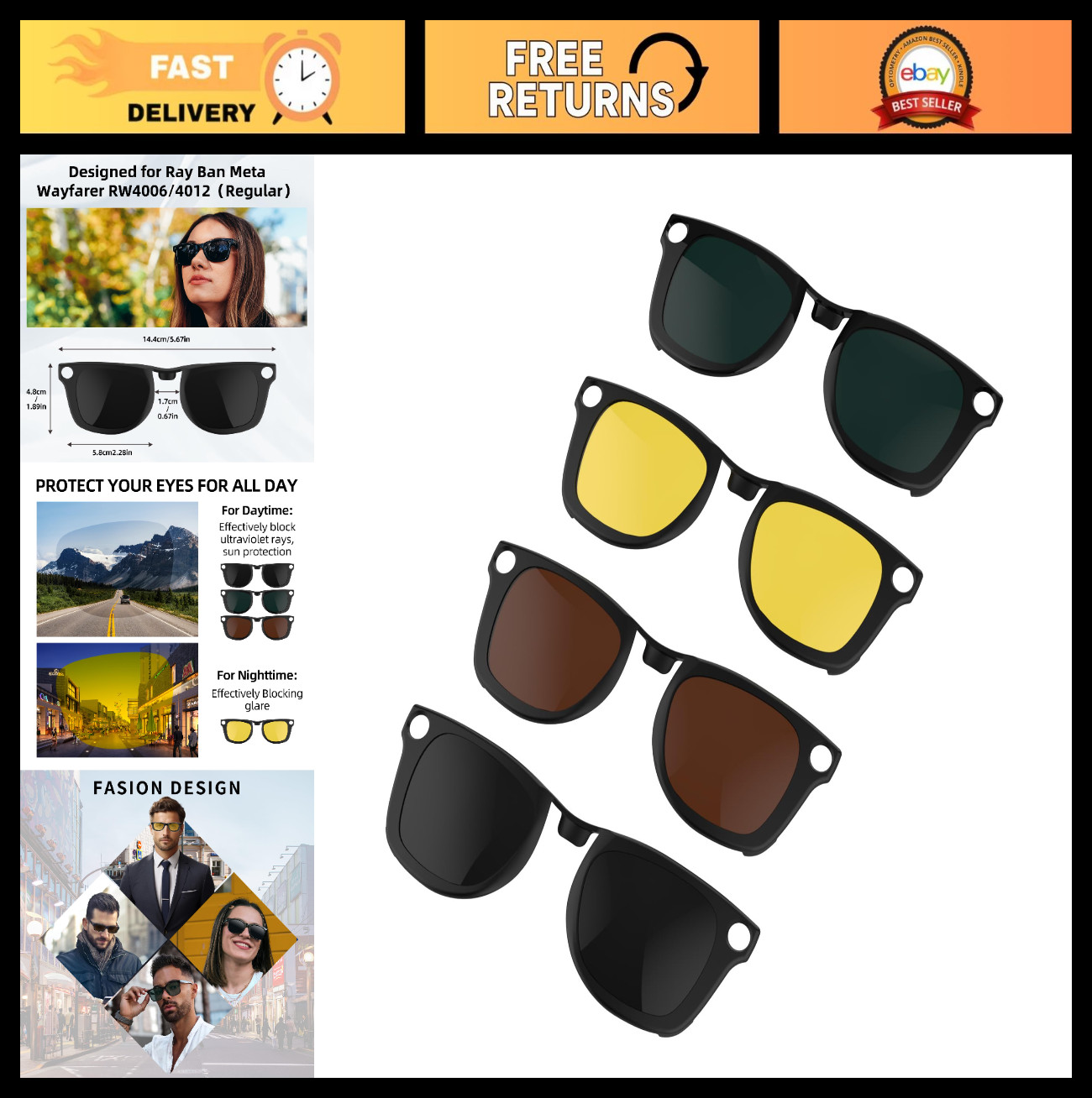 4Pcs Polarized Clip-On Sunglass Lenses for Wayfarer & Gen 2 - Dark Green, Yellow