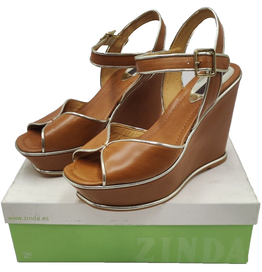 Zinda Ladies Genuine Leather Sandals Happy Nut Plati Brown Size 40 EU 11cm Heel