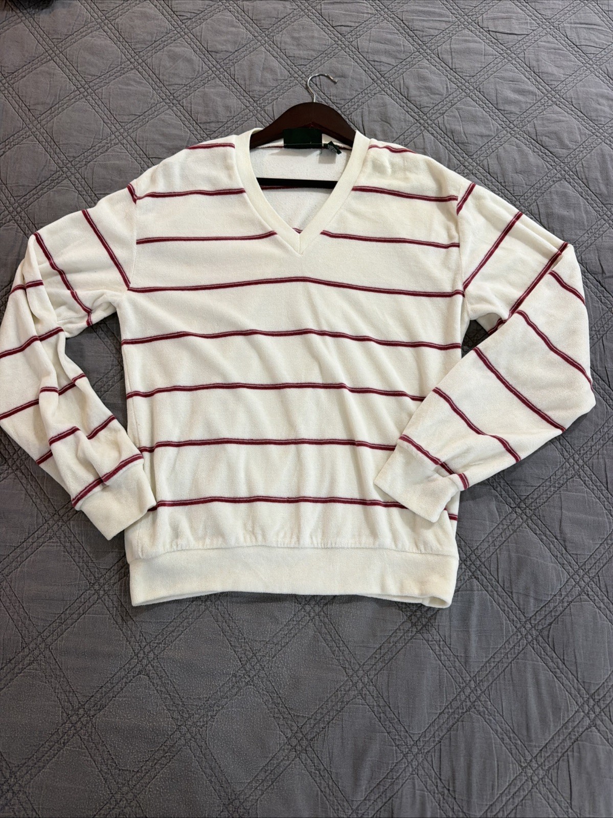 VTG 70s Men’s Oakton Limited Velour Striped Shirt Sweater Med V-Neck LgSleeve