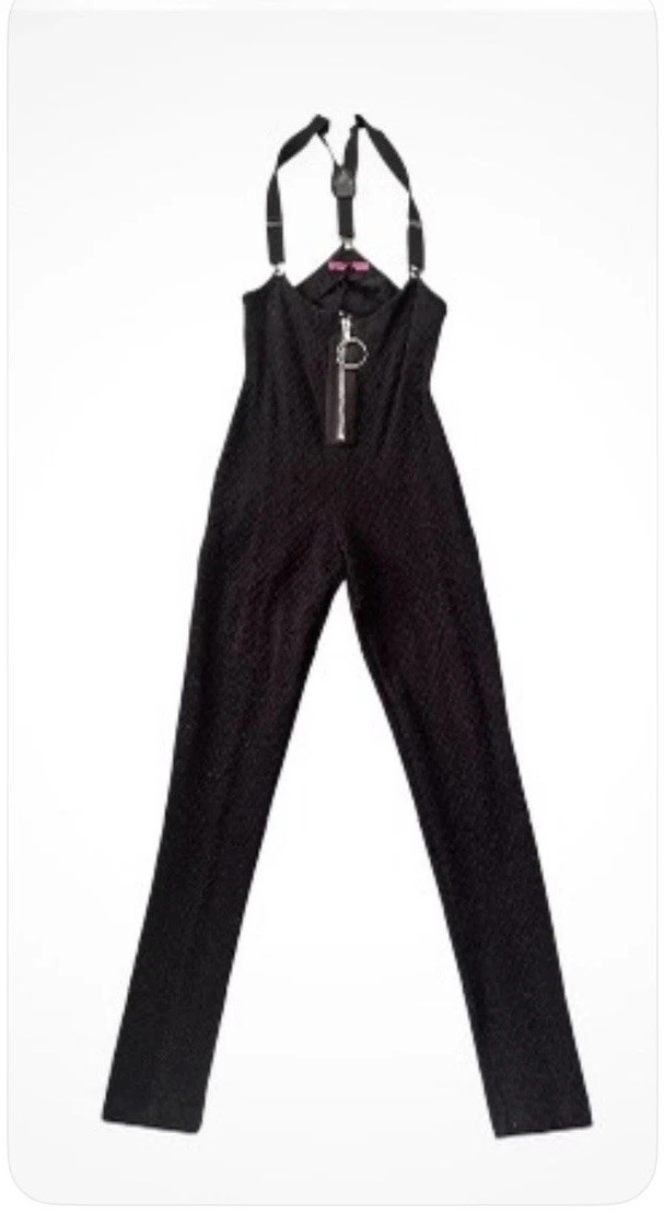 Rare Betsey Johnson Black Textured Suspender Jumpsuit Vintave early Y2K Sz S/M