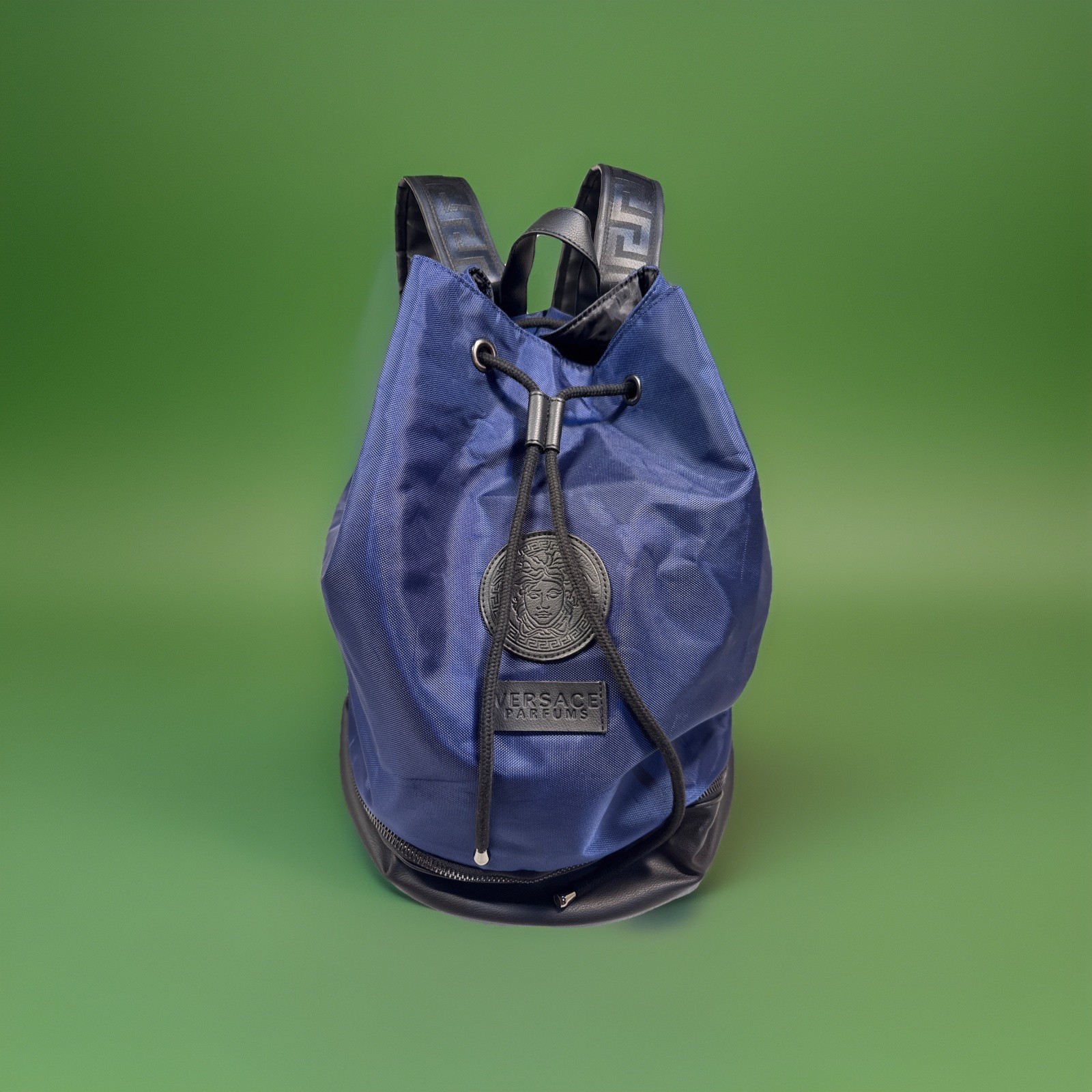 Versace Parfums Blue Black trim Nylon Medusa Logo Backpack NEW