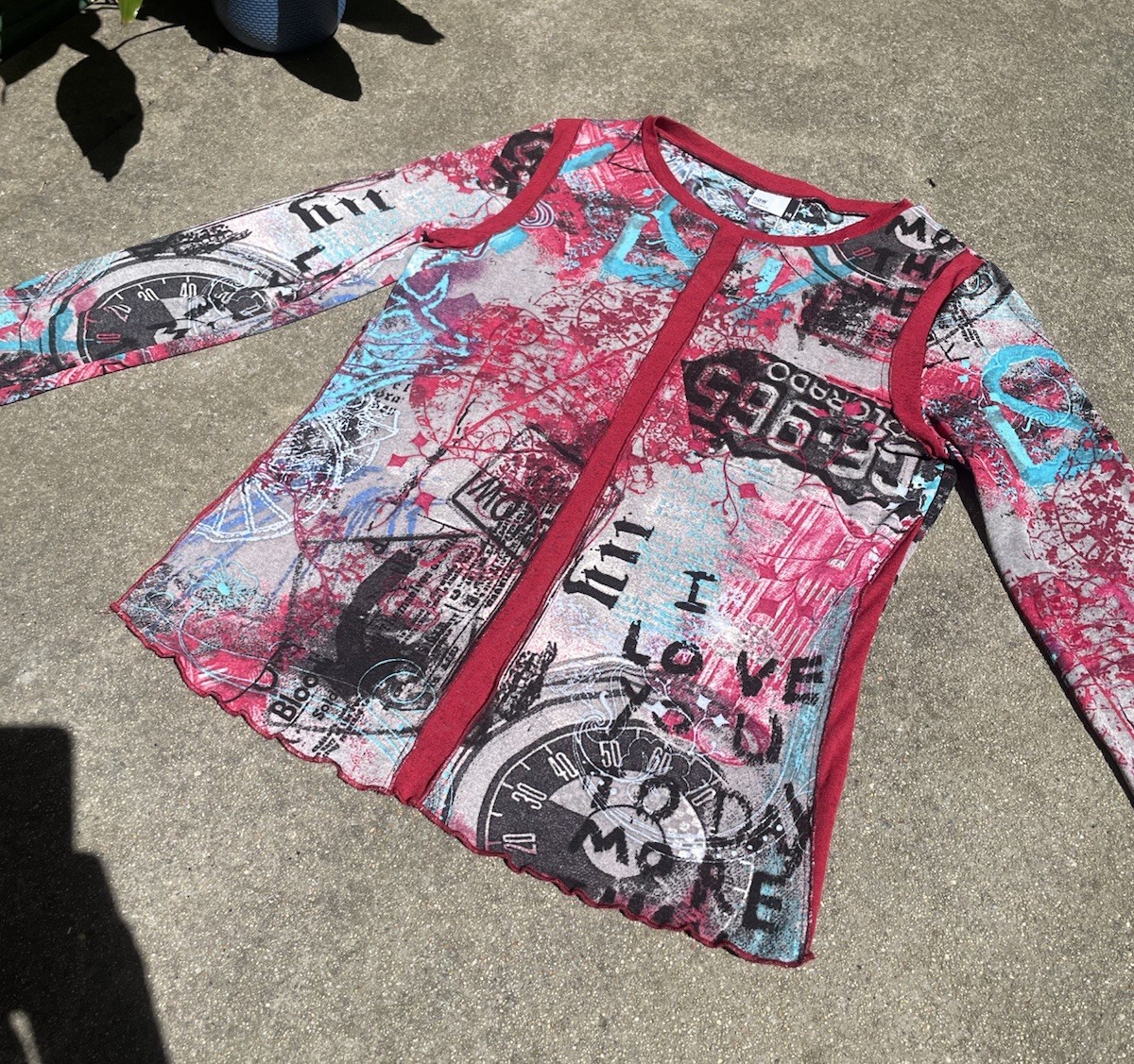 VINTAGE 2000s Grunge Mesh Graffiti Graphic Print Long Sleeve Top Y2K Punk Emo 14