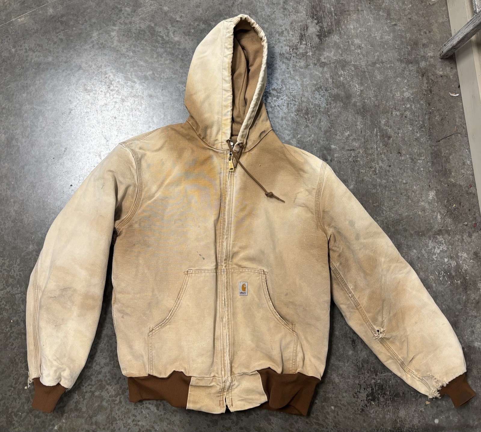 VTG Carhartt Union Made USA Duck Canvas Hooded Work Jacket Distressed Faded J131